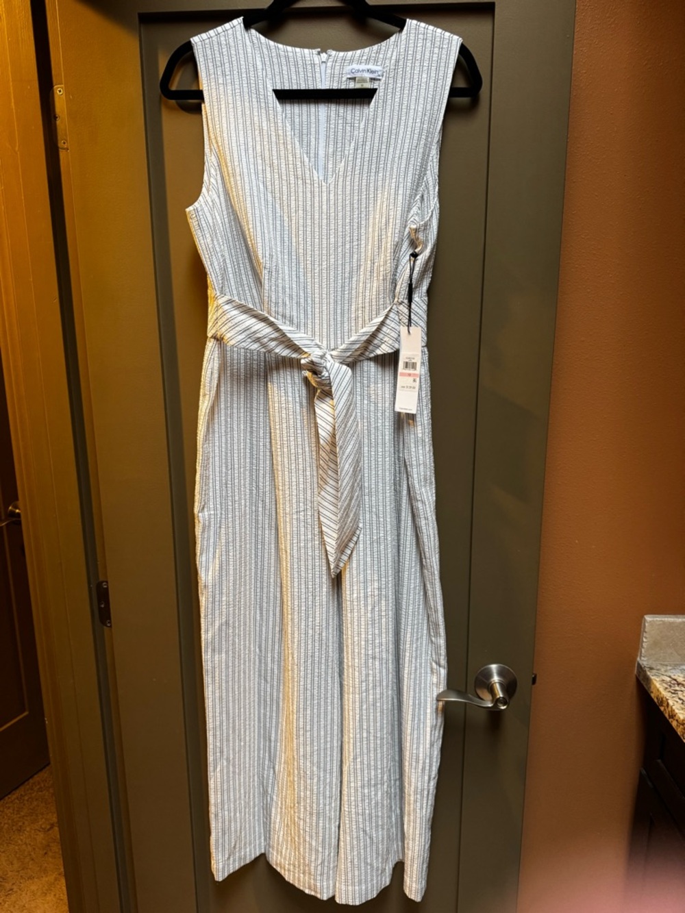 Calvin Klein White Black vertical Stripes V Neck Tie Front Jumpsuit 10 NWT